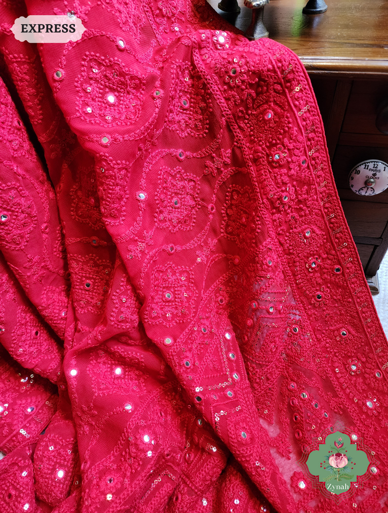 Zynah Red Pure Georgette Chikankari Saree; Custom Stitched/Ready-made Blouse, Fall, Petticoat; SKU: 2608202302
