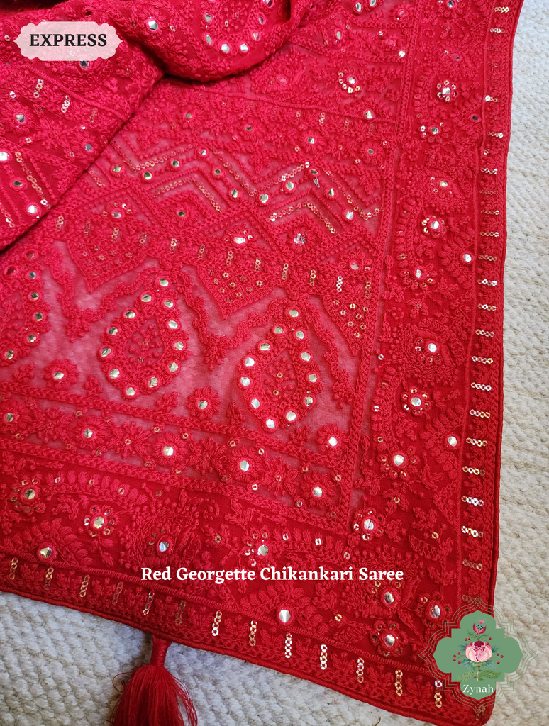 Zynah Red Pure Georgette Chikankari Saree; Custom Stitched/Ready-made Blouse, Fall, Petticoat; SKU: 2608202302