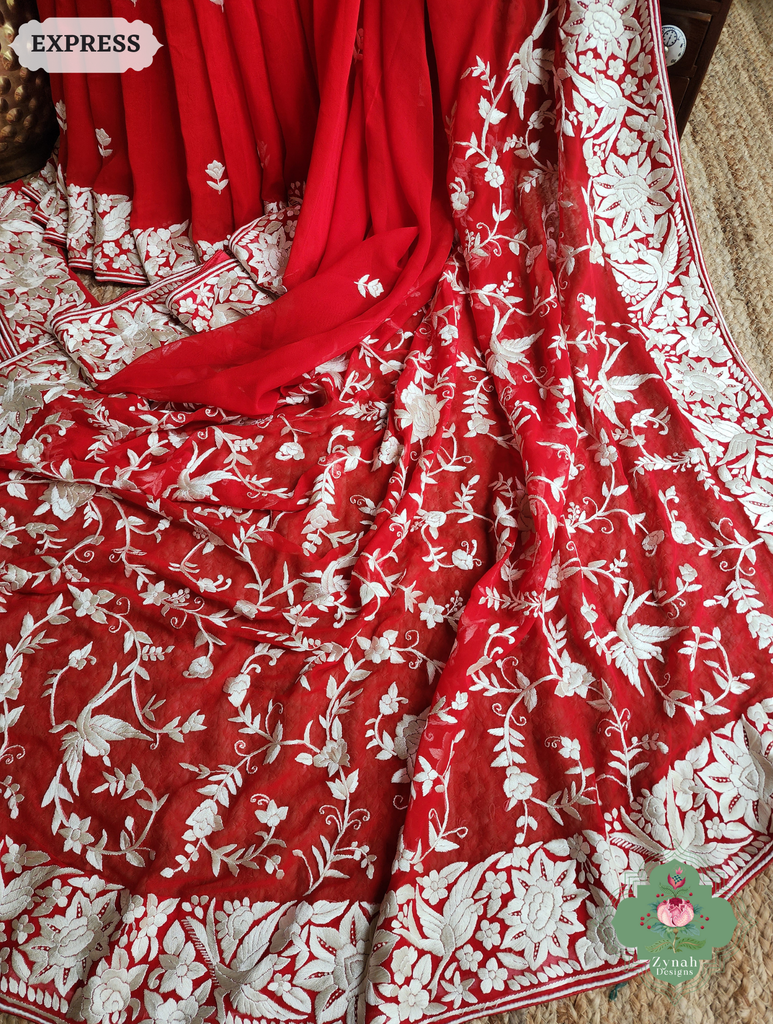 Zynah Red Pure Georgette Hand Embroidered Authentic Parsi Gara Saree; Custom Stitched/Ready-made Blouse, Fall, Petticoat; SKU: 1109202501