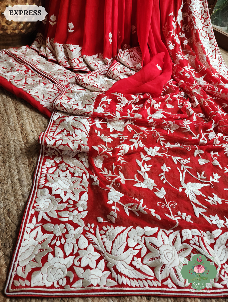 Zynah Red Pure Georgette Hand Embroidered Authentic Parsi Gara Saree; Custom Stitched/Ready-made Blouse, Fall, Petticoat; SKU: 1109202501