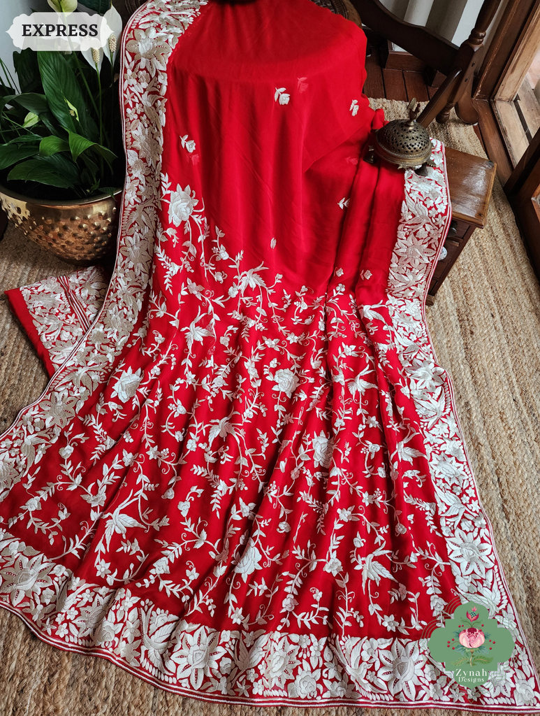 Zynah Red Pure Georgette Hand Embroidered Authentic Parsi Gara Saree; Custom Stitched/Ready-made Blouse, Fall, Petticoat; SKU: 1109202501