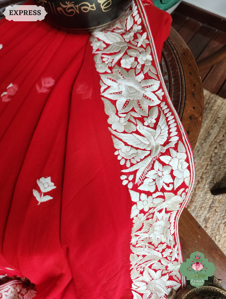 Zynah Red Pure Georgette Hand Embroidered Authentic Parsi Gara Saree; Custom Stitched/Ready-made Blouse, Fall, Petticoat; SKU: 1109202501