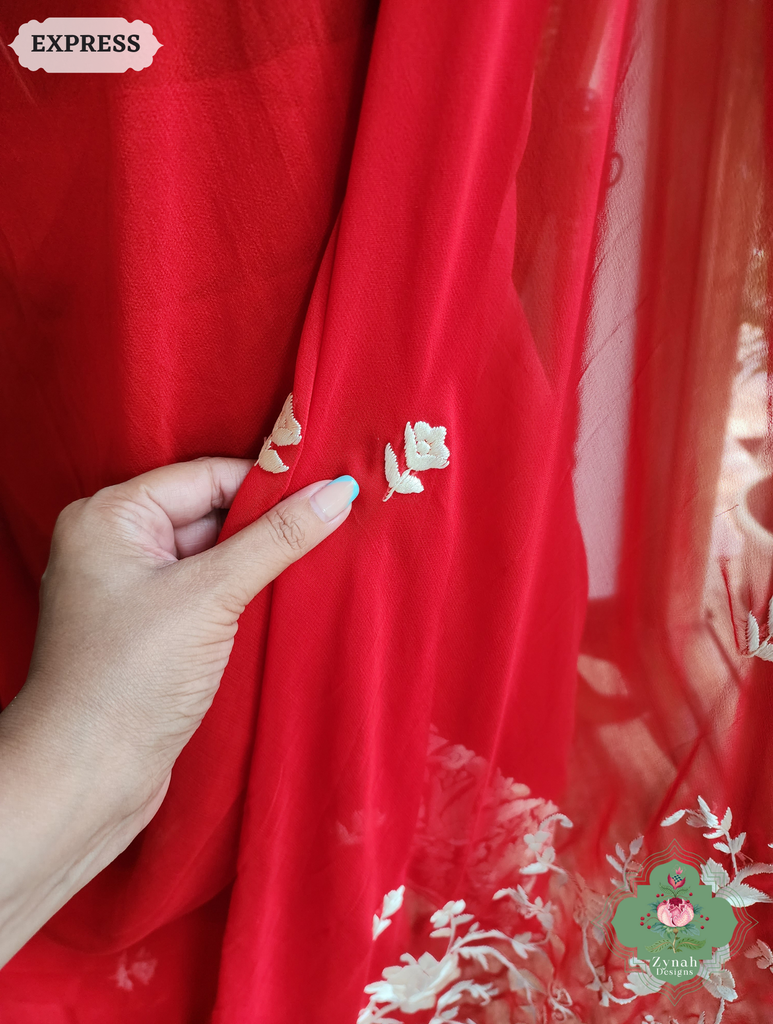 Zynah Red Pure Georgette Hand Embroidered Authentic Parsi Gara Saree; Custom Stitched/Ready-made Blouse, Fall, Petticoat; SKU: 1109202501