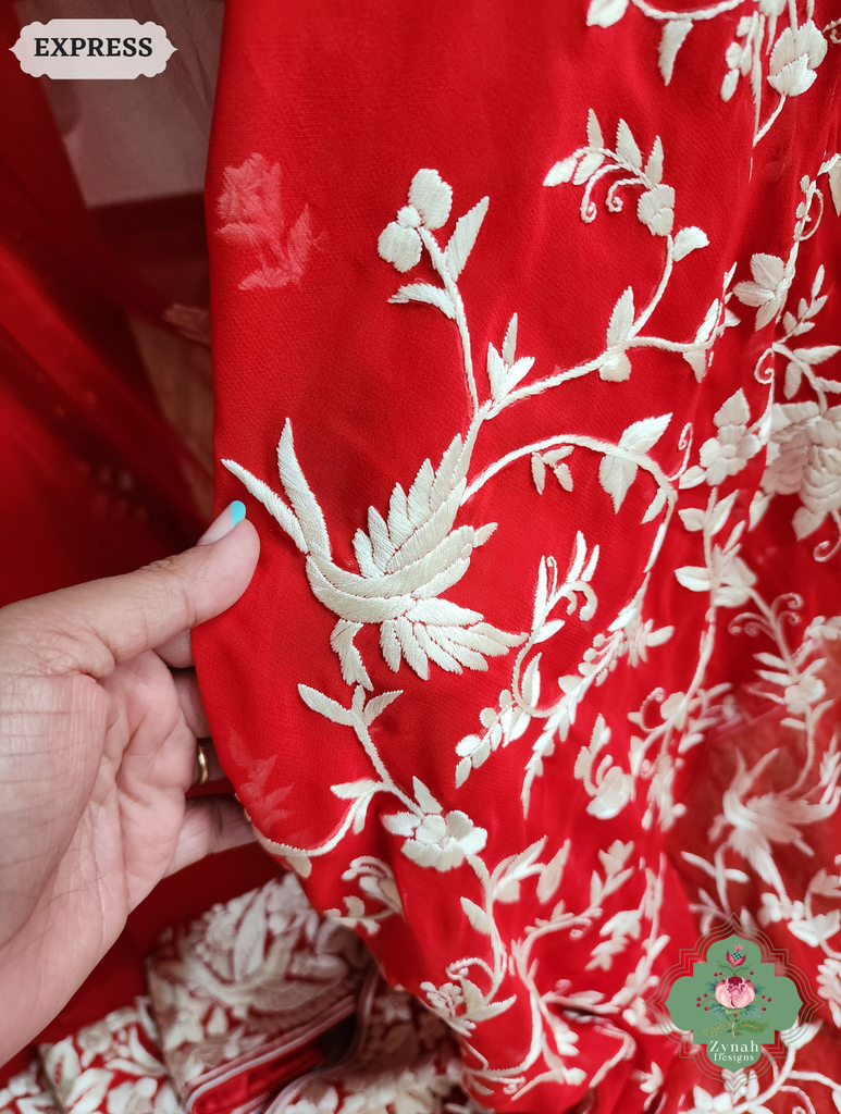 Zynah Red Pure Georgette Hand Embroidered Authentic Parsi Gara Saree; Custom Stitched/Ready-made Blouse, Fall, Petticoat; SKU: 1109202501