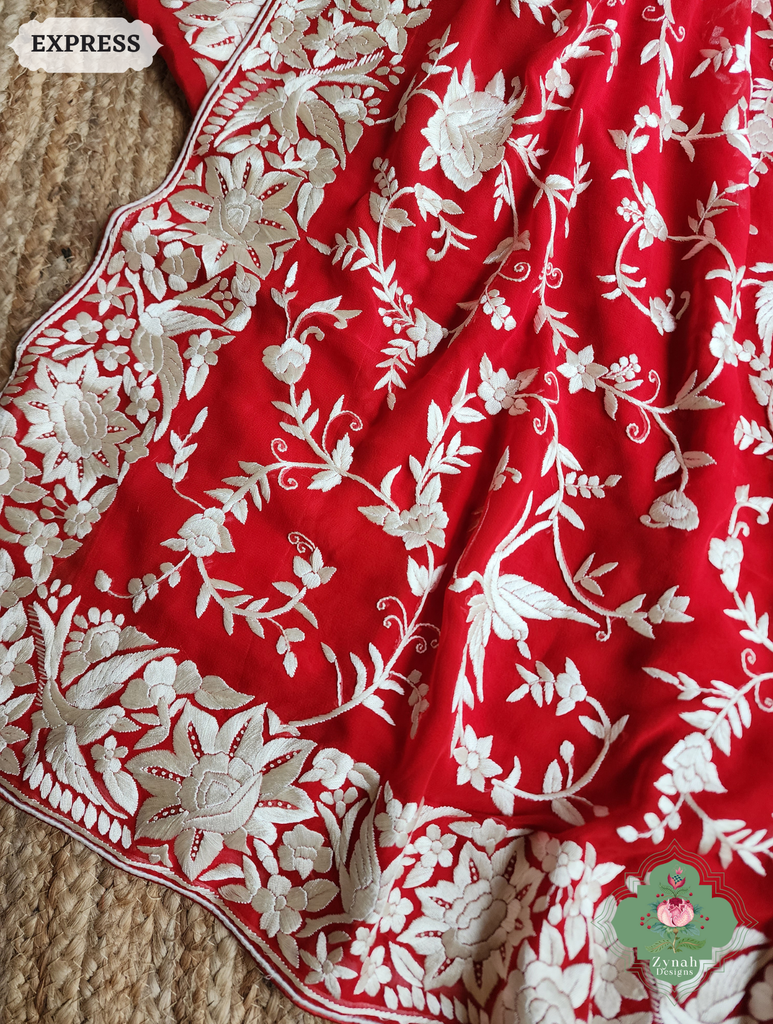 Zynah Red Pure Georgette Hand Embroidered Authentic Parsi Gara Saree; Custom Stitched/Ready-made Blouse, Fall, Petticoat; SKU: 1109202501