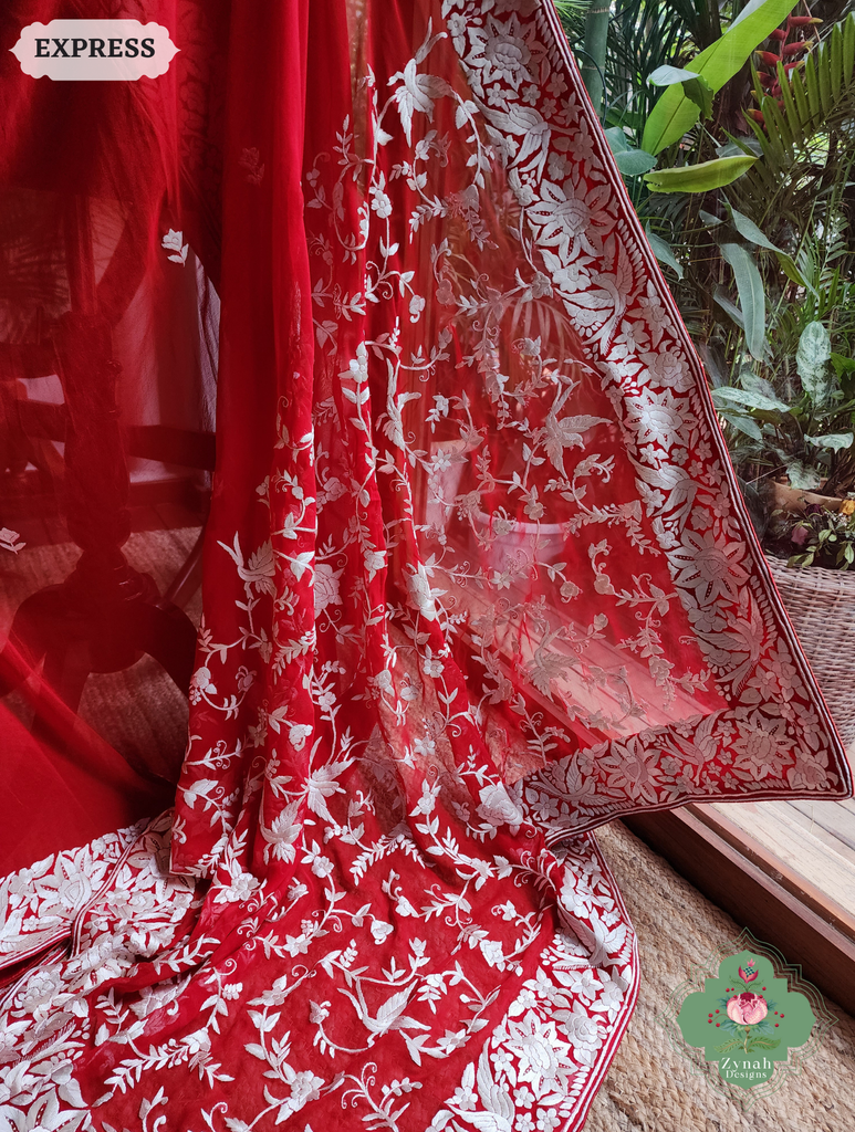 Zynah Red Pure Georgette Hand Embroidered Authentic Parsi Gara Saree; Custom Stitched/Ready-made Blouse, Fall, Petticoat; SKU: 1109202501