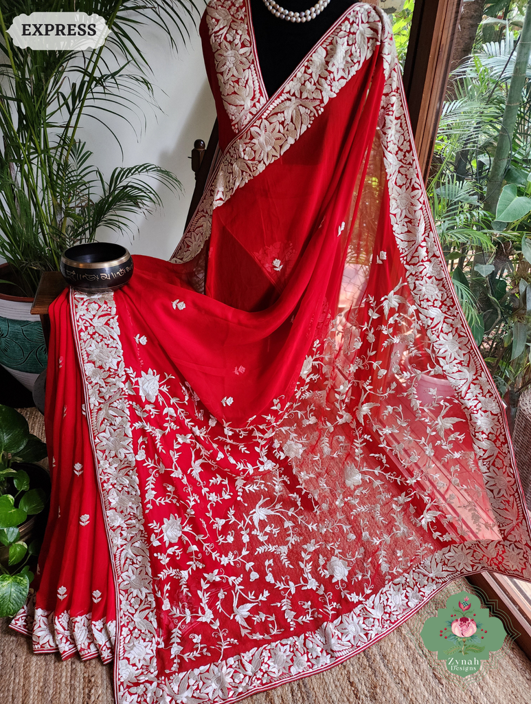 Zynah Red Pure Georgette Hand Embroidered Authentic Parsi Gara Saree; Custom Stitched/Ready-made Blouse, Fall, Petticoat; SKU: 1109202501