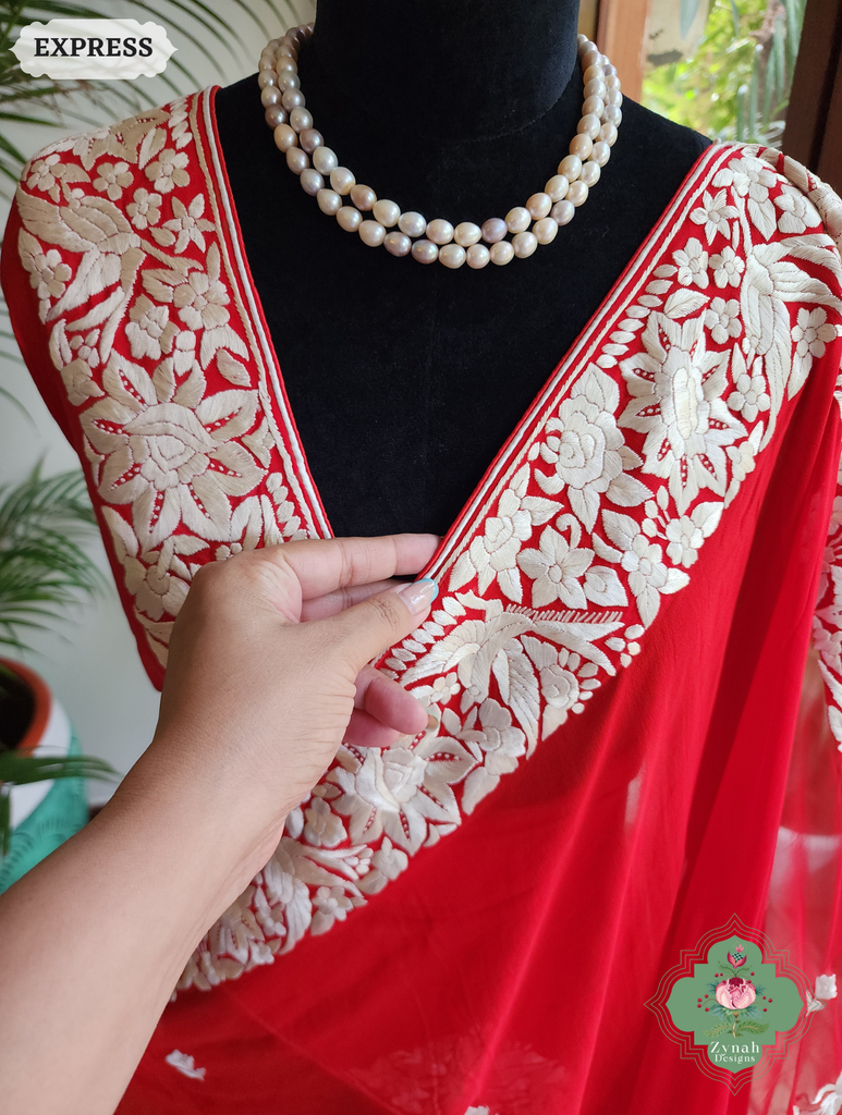Zynah Red Pure Georgette Hand Embroidered Authentic Parsi Gara Saree; Custom Stitched/Ready-made Blouse, Fall, Petticoat; SKU: 1109202501
