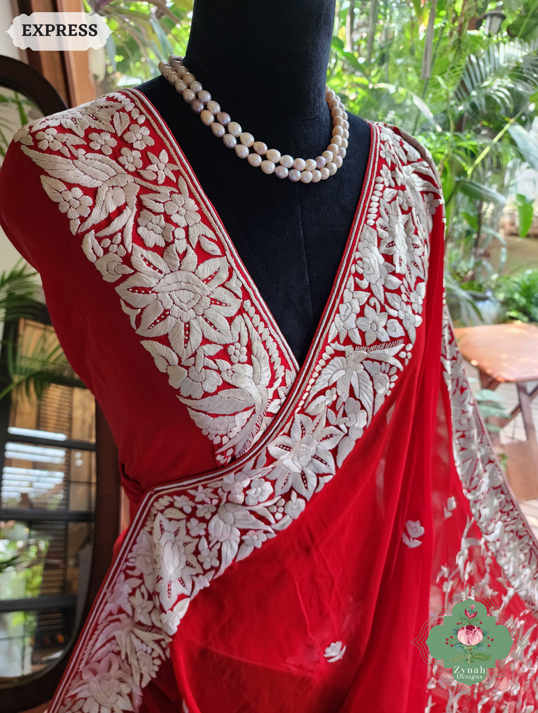 Zynah Red Pure Georgette Hand Embroidered Authentic Parsi Gara Saree; Custom Stitched/Ready-made Blouse, Fall, Petticoat; SKU: 1109202501