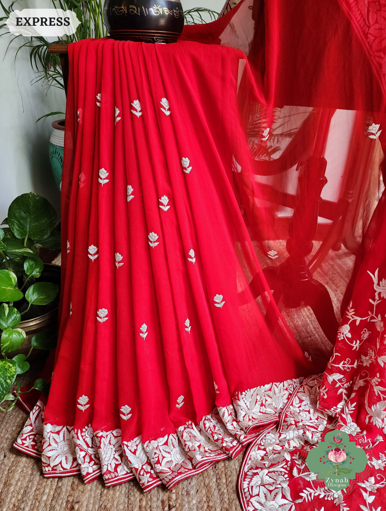 Zynah Red Pure Georgette Hand Embroidered Authentic Parsi Gara Saree; Custom Stitched/Ready-made Blouse, Fall, Petticoat; SKU: 1109202501