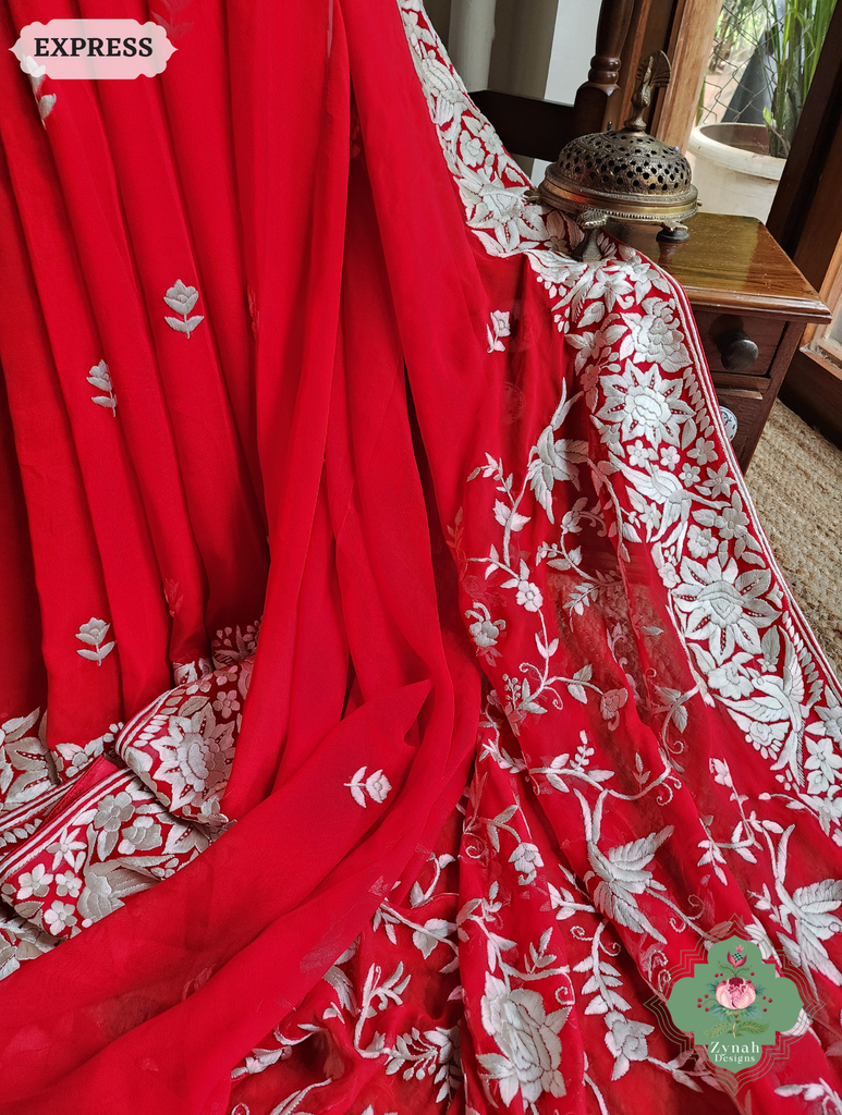 Zynah Red Pure Georgette Hand Embroidered Authentic Parsi Gara Saree; Custom Stitched/Ready-made Blouse, Fall, Petticoat; SKU: 1109202501