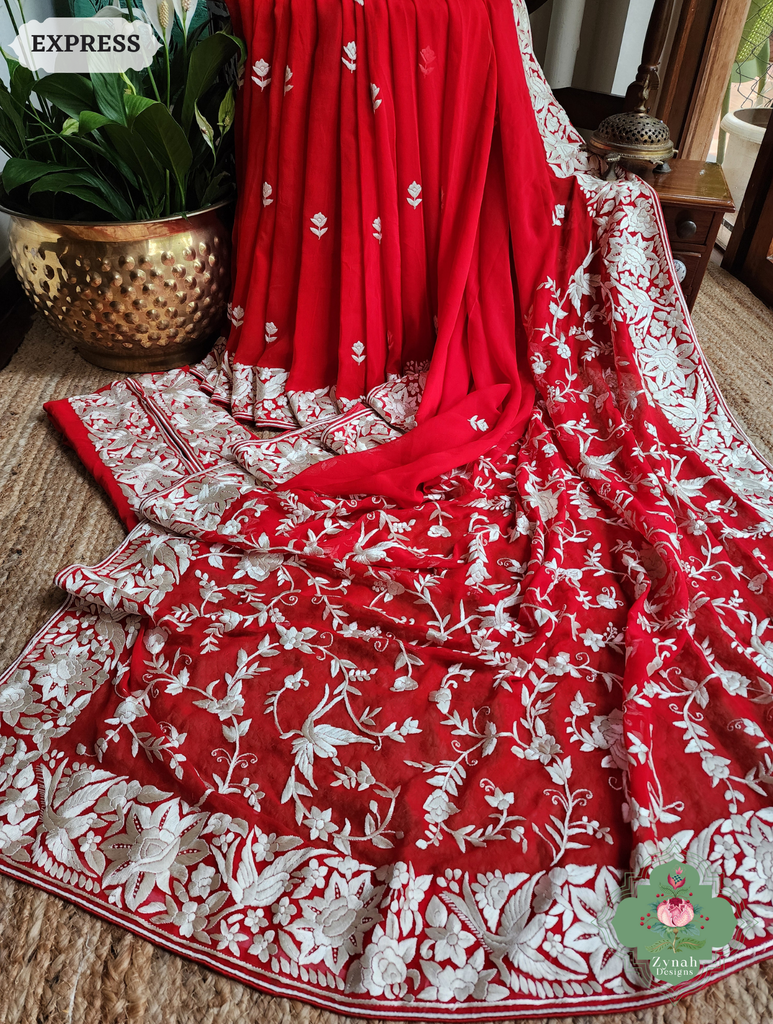 Zynah Red Pure Georgette Hand Embroidered Authentic Parsi Gara Saree; Custom Stitched/Ready-made Blouse, Fall, Petticoat; SKU: 1109202501