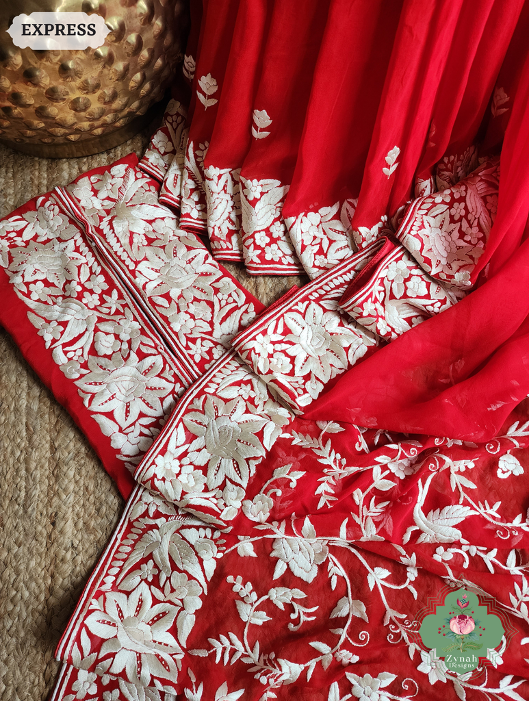 Zynah Red Pure Georgette Hand Embroidered Authentic Parsi Gara Saree; Custom Stitched/Ready-made Blouse, Fall, Petticoat; SKU: 1109202501