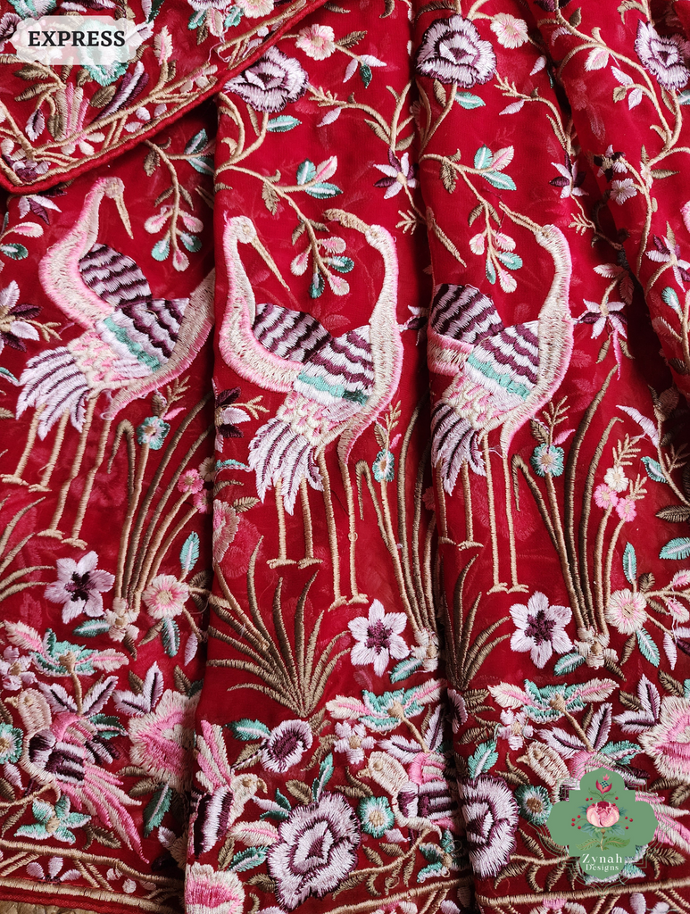 Zynah Red Pure Georgette Saree With Parsi Gara Inspired Embroidery; Custom Stitched/Ready-made Blouse, Fall, Petticoat; SKU: 2008202503