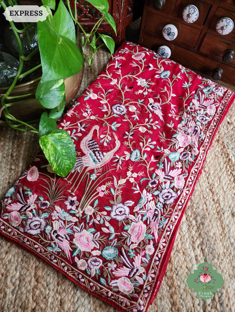 Zynah Red Pure Georgette Saree With Parsi Gara Inspired Embroidery; Custom Stitched/Ready-made Blouse, Fall, Petticoat; SKU: 2008202503