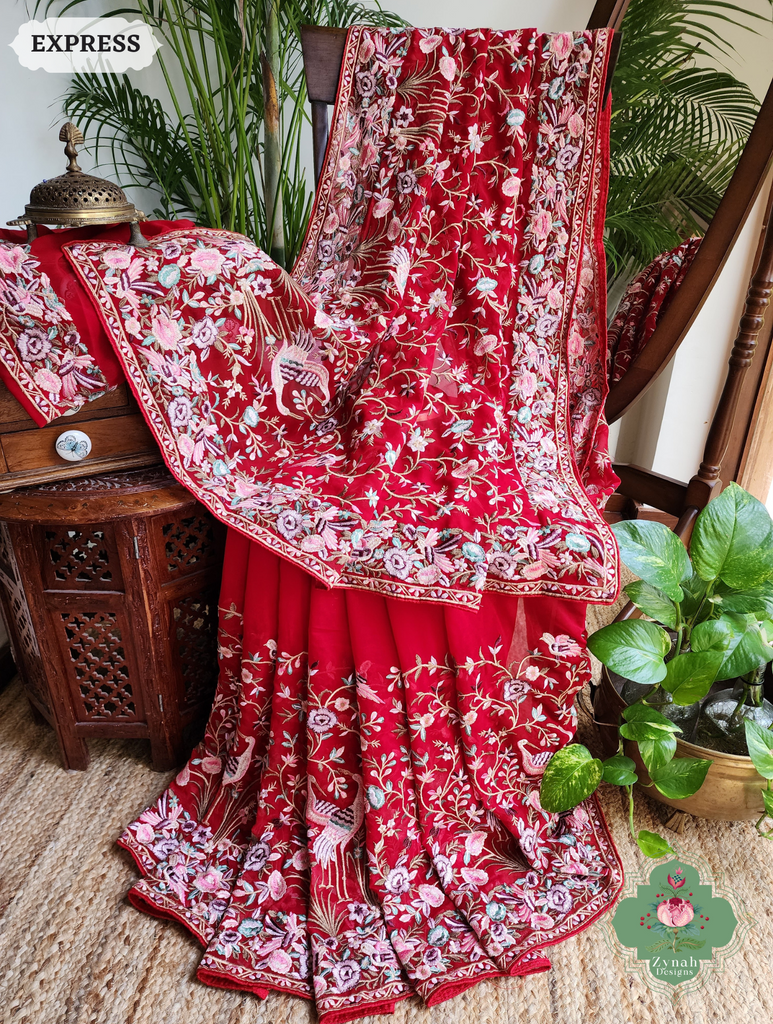 Zynah Red Pure Georgette Saree With Parsi Gara Inspired Embroidery; Custom Stitched/Ready-made Blouse, Fall, Petticoat; SKU: 2008202503