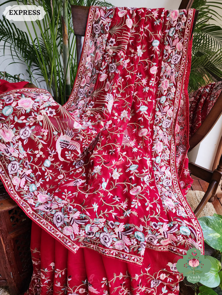 Zynah Red Pure Georgette Saree With Parsi Gara Inspired Embroidery; Custom Stitched/Ready-made Blouse, Fall, Petticoat; SKU: 2008202503