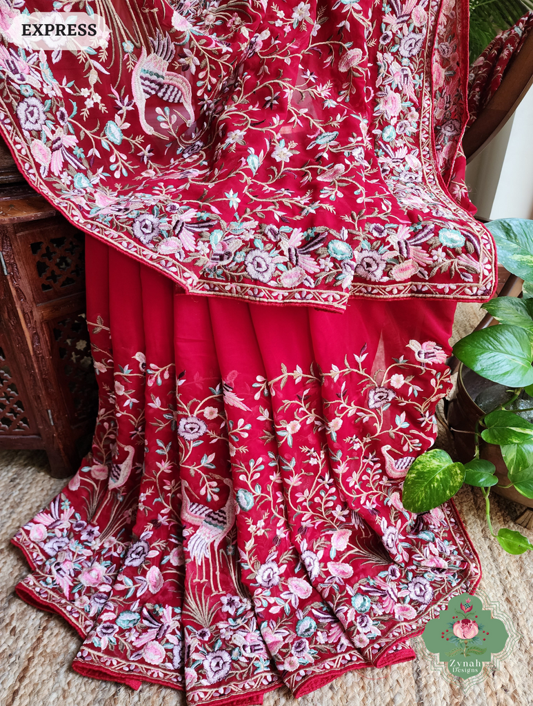 Zynah Red Pure Georgette Saree With Parsi Gara Inspired Embroidery; Custom Stitched/Ready-made Blouse, Fall, Petticoat; SKU: 2008202503