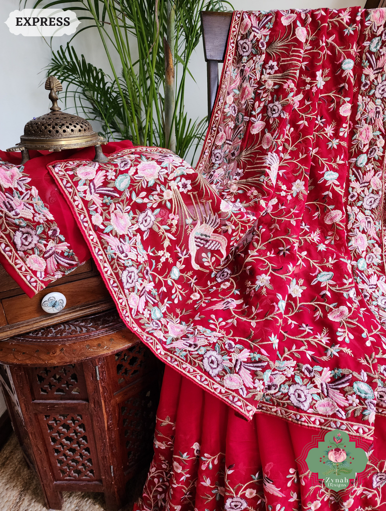 Zynah Red Pure Georgette Saree With Parsi Gara Inspired Embroidery; Custom Stitched/Ready-made Blouse, Fall, Petticoat; SKU: 2008202503