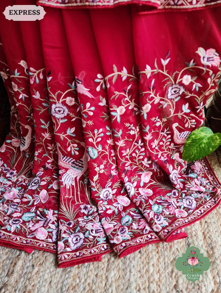 Zynah Red Pure Georgette Saree With Parsi Gara Inspired Embroidery; Custom Stitched/Ready-made Blouse, Fall, Petticoat; SKU: 2008202503