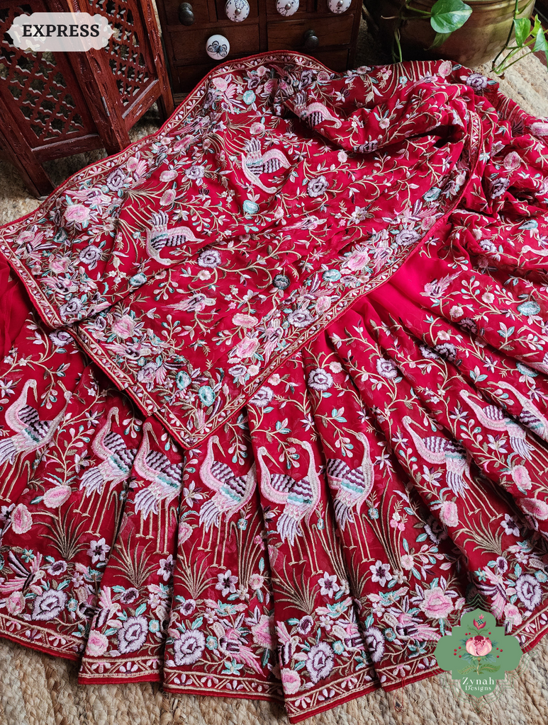 Zynah Red Pure Georgette Saree With Parsi Gara Inspired Embroidery; Custom Stitched/Ready-made Blouse, Fall, Petticoat; SKU: 2008202503