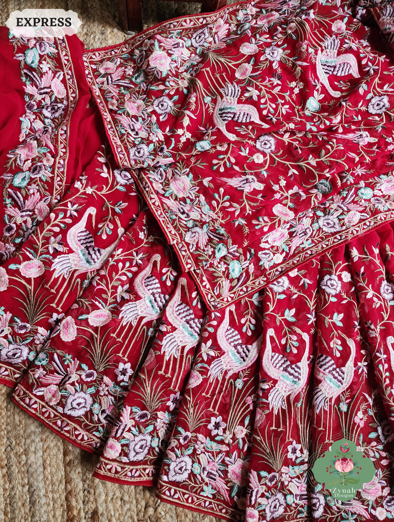 Zynah Red Pure Georgette Saree With Parsi Gara Inspired Embroidery; Custom Stitched/Ready-made Blouse, Fall, Petticoat; SKU: 2008202503