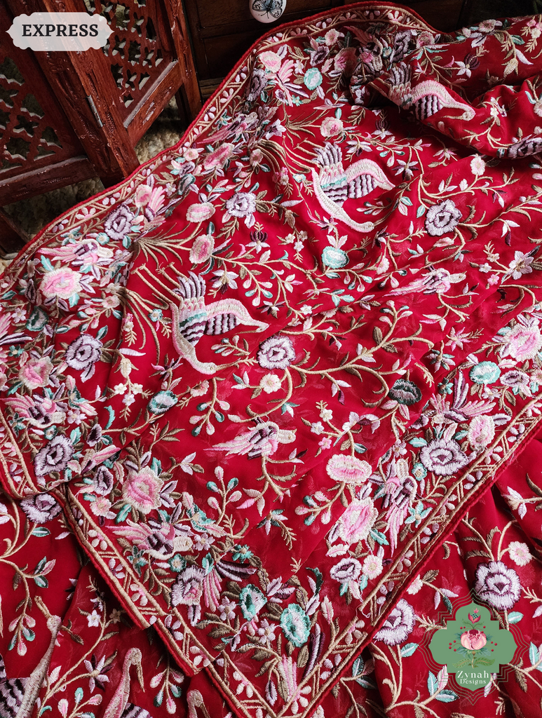 Zynah Red Pure Georgette Saree With Parsi Gara Inspired Embroidery; Custom Stitched/Ready-made Blouse, Fall, Petticoat; SKU: 2008202503