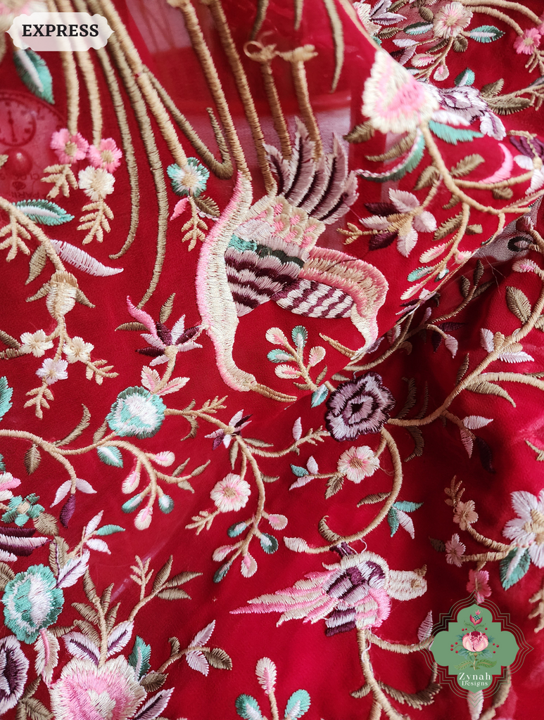 Zynah Red Pure Georgette Saree With Parsi Gara Inspired Embroidery; Custom Stitched/Ready-made Blouse, Fall, Petticoat; SKU: 2008202503
