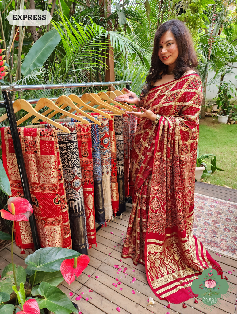 Zynah Maroon Modal Silk Gharchola Ajrakh Hand Block Printed Saree With Gold Woven Border; Custom Stitched/Ready-made Blouse, Fall, Petticoat; SKU: 1110202401