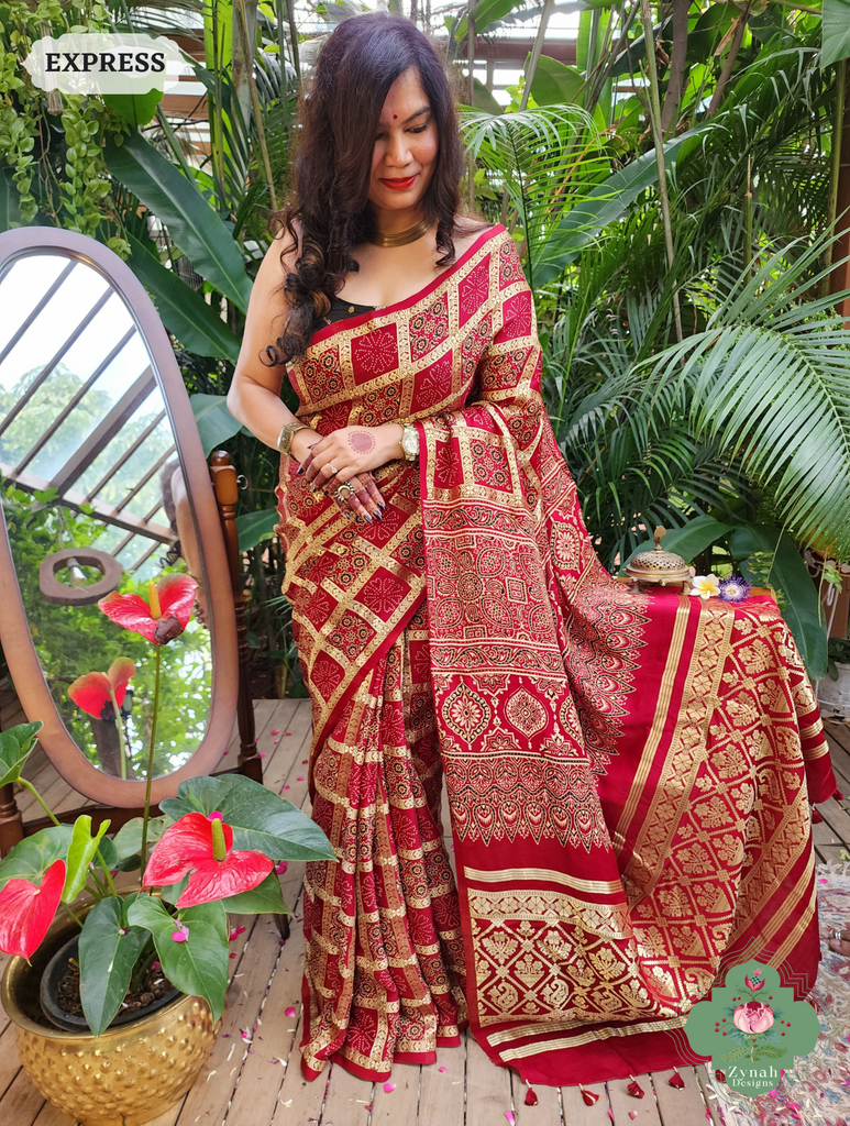 Zynah Maroon Modal Silk Gharchola Ajrakh Hand Block Printed Saree With Gold Woven Border; Custom Stitched/Ready-made Blouse, Fall, Petticoat; SKU: 1110202401