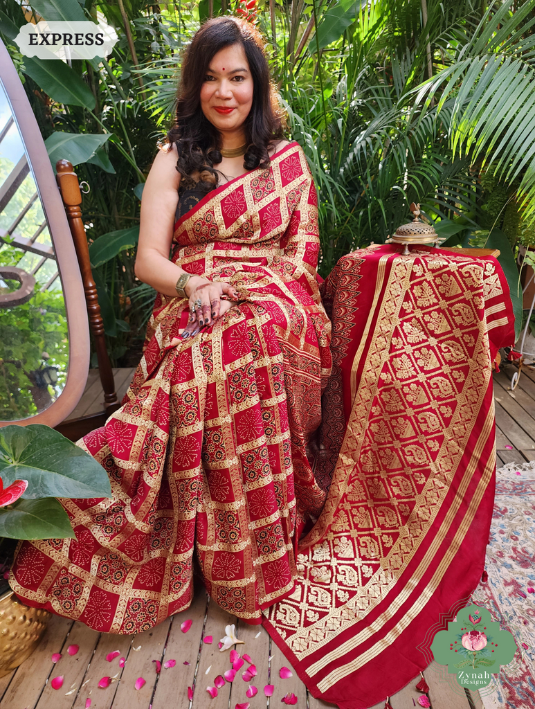 Zynah Maroon Modal Silk Gharchola Ajrakh Hand Block Printed Saree With Gold Woven Border; Custom Stitched/Ready-made Blouse, Fall, Petticoat; SKU: 1110202401