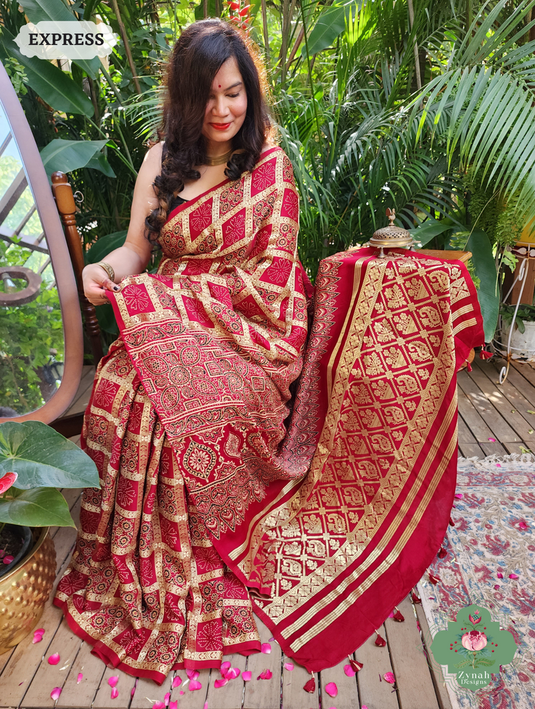 Zynah Maroon Modal Silk Gharchola Ajrakh Hand Block Printed Saree With Gold Woven Border; Custom Stitched/Ready-made Blouse, Fall, Petticoat; SKU: 1110202401