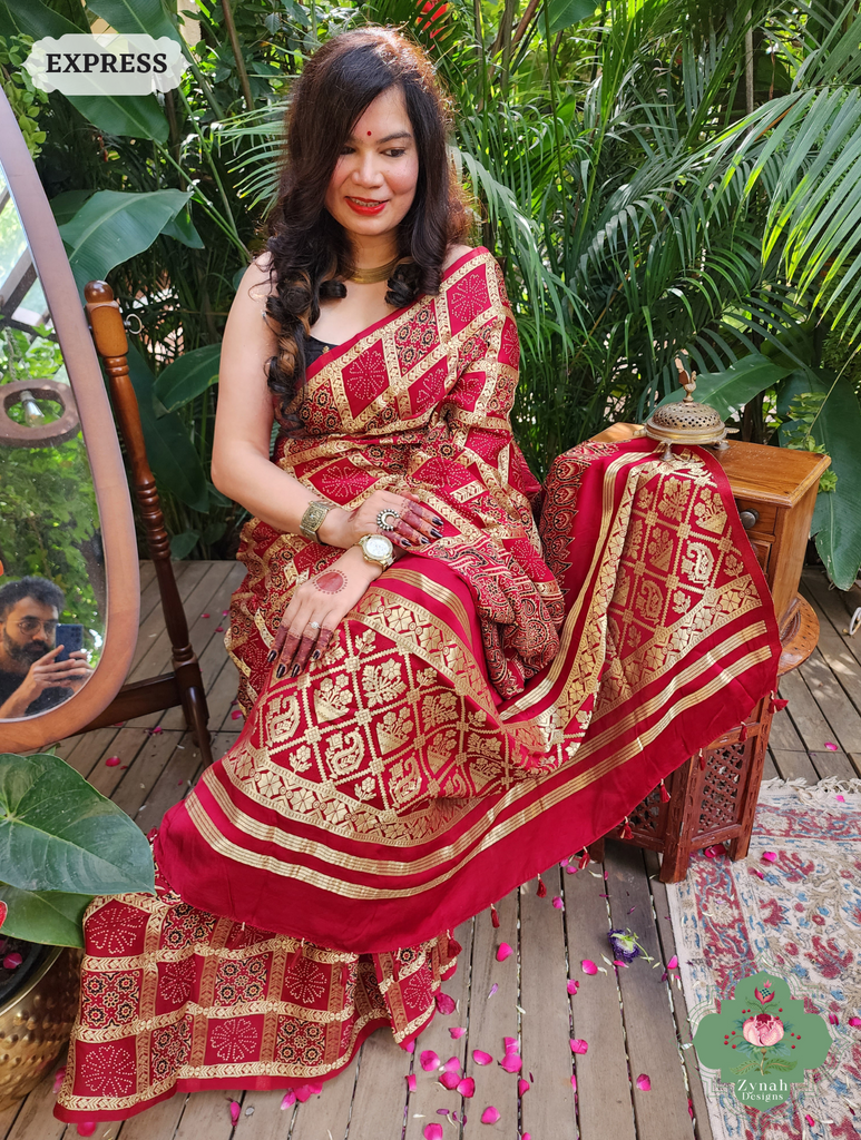 Zynah Maroon Modal Silk Gharchola Ajrakh Hand Block Printed Saree With Gold Woven Border; Custom Stitched/Ready-made Blouse, Fall, Petticoat; SKU: 1110202401