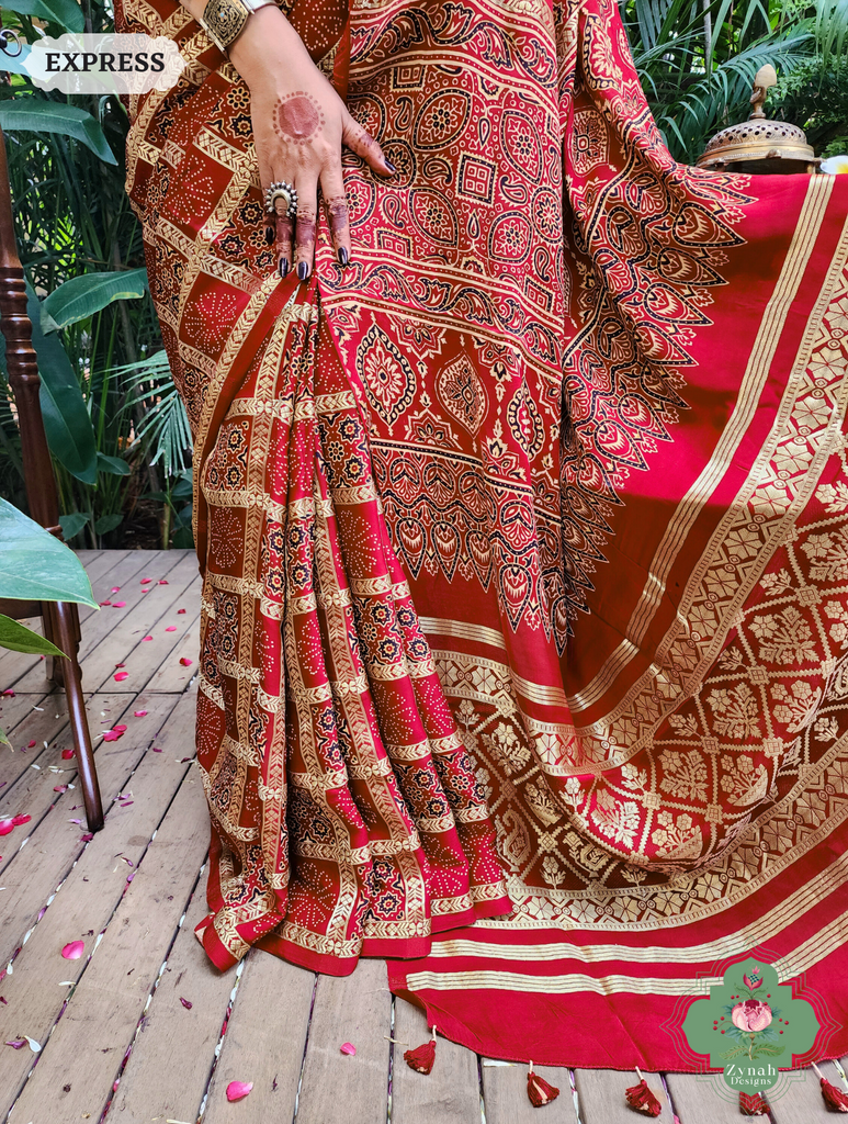 Zynah Maroon Modal Silk Gharchola Ajrakh Hand Block Printed Saree With Gold Woven Border; Custom Stitched/Ready-made Blouse, Fall, Petticoat; SKU: 1110202401