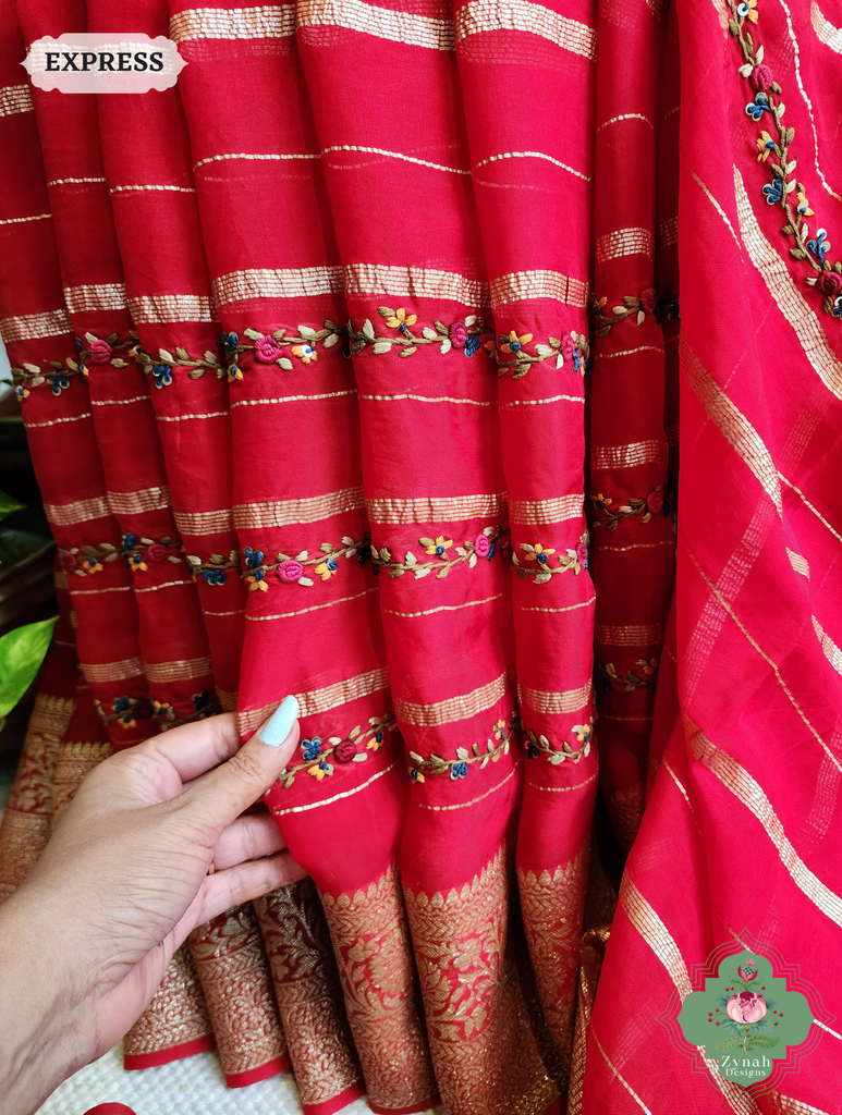 Red Organza Crepe Silk Saree With Zari Borders & Stripes & French Knot Hand Embroidery 7