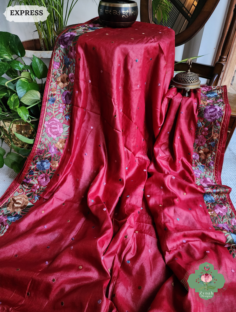Zynah Made To Order Red Pure Tussar Silk Hand Embroidered Authentic Parsi Gara Saree; Custom Stitched/Ready-made Blouse, Fall, Petticoat; SKU: 2312202401
