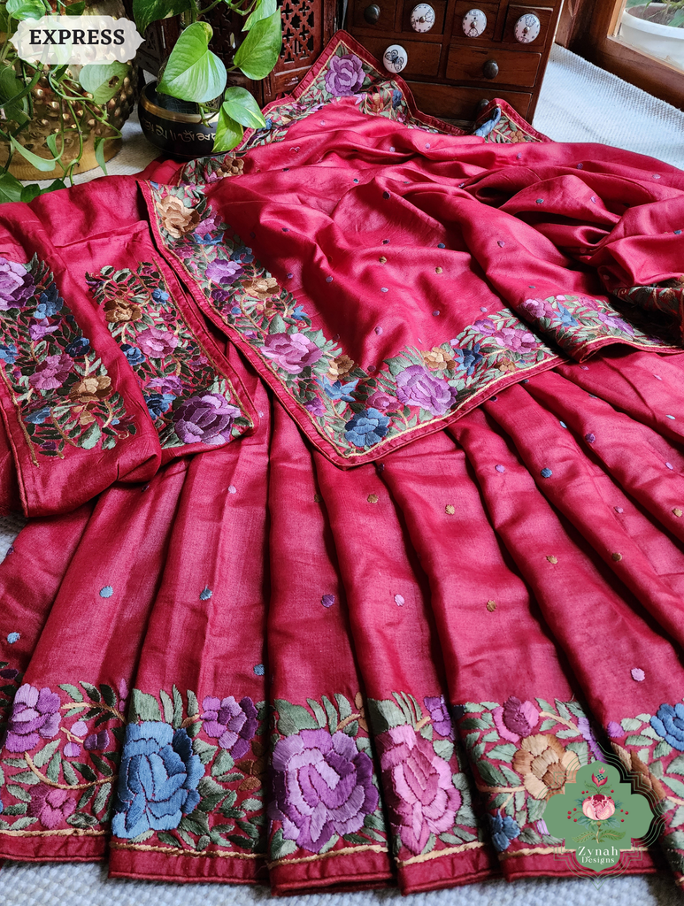 Zynah Made To Order Red Pure Tussar Silk Hand Embroidered Authentic Parsi Gara Saree; Custom Stitched/Ready-made Blouse, Fall, Petticoat; SKU: 2312202401