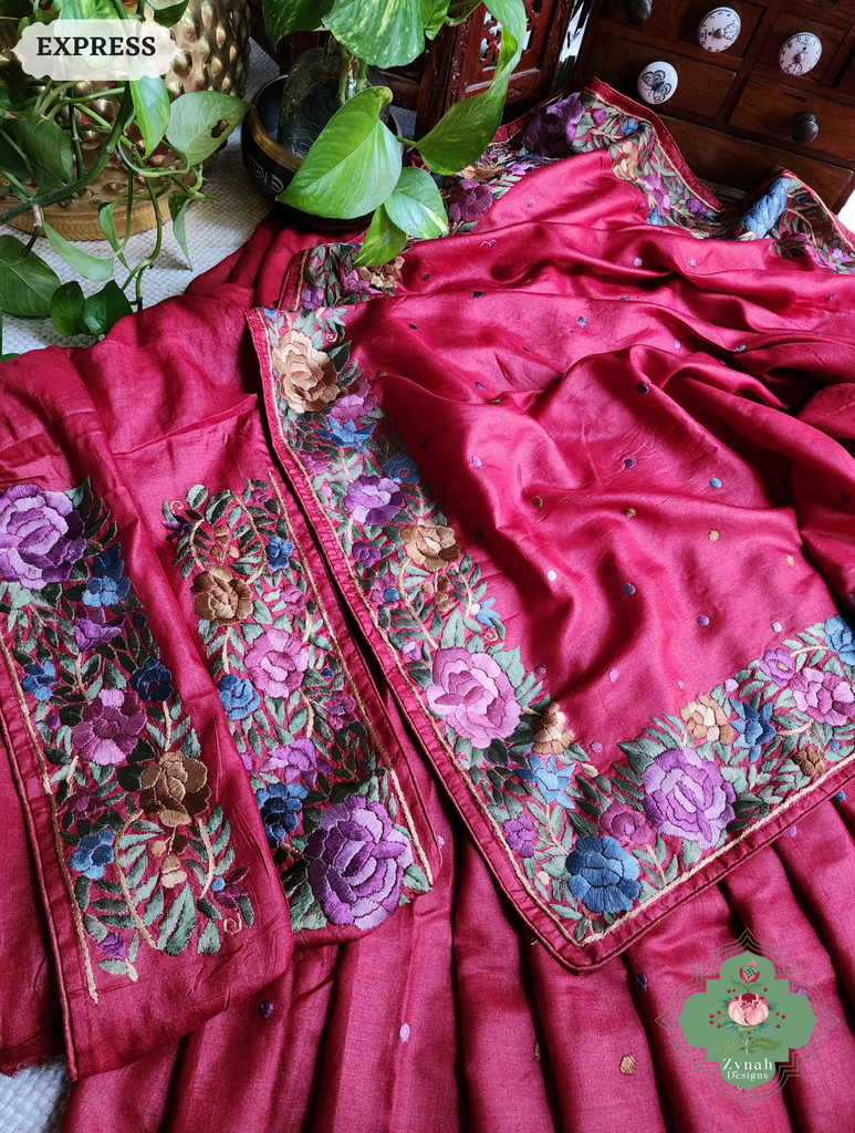 Zynah Made To Order Red Pure Tussar Silk Hand Embroidered Authentic Parsi Gara Saree; Custom Stitched/Ready-made Blouse, Fall, Petticoat; SKU: 2312202401