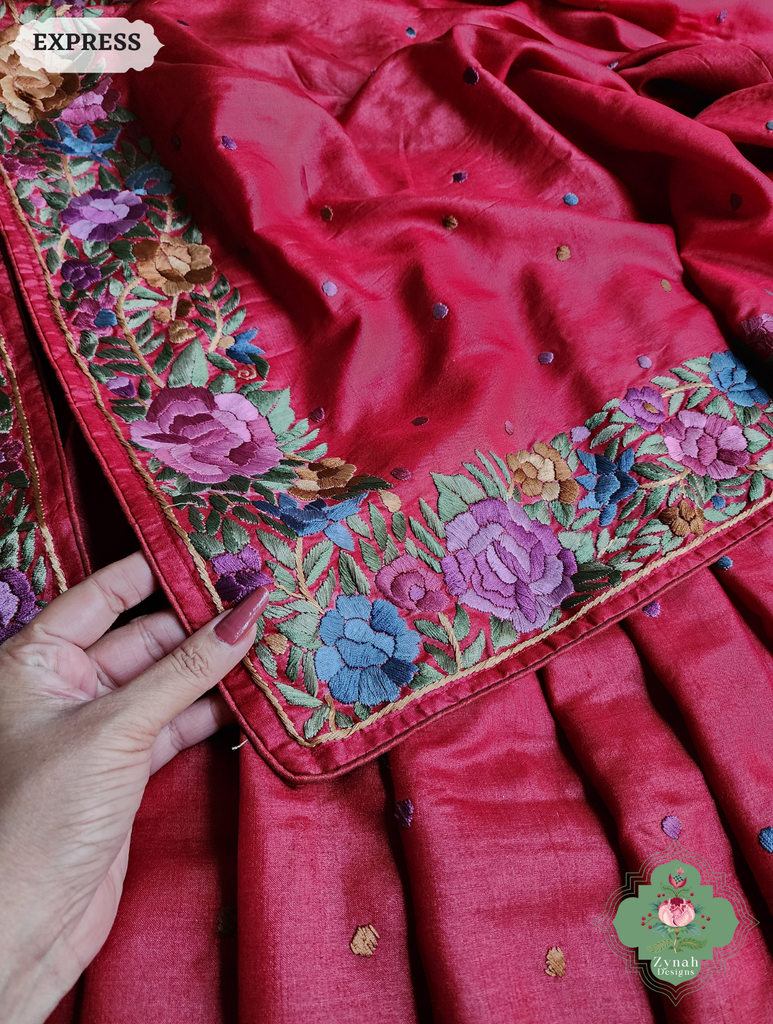 Zynah Made To Order Red Pure Tussar Silk Hand Embroidered Authentic Parsi Gara Saree; Custom Stitched/Ready-made Blouse, Fall, Petticoat; SKU: 2312202401