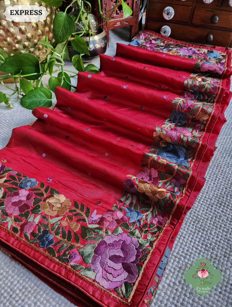 Zynah Made To Order Red Pure Tussar Silk Hand Embroidered Authentic Parsi Gara Saree; Custom Stitched/Ready-made Blouse, Fall, Petticoat; SKU: 2312202401