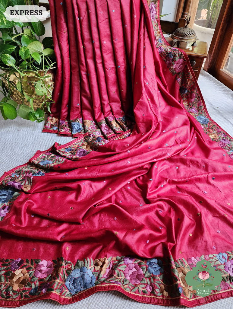 Zynah Made To Order Red Pure Tussar Silk Hand Embroidered Authentic Parsi Gara Saree; Custom Stitched/Ready-made Blouse, Fall, Petticoat; SKU: 2312202401