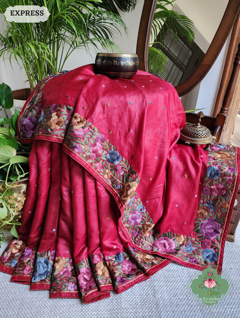 Zynah Made To Order Red Pure Tussar Silk Hand Embroidered Authentic Parsi Gara Saree; Custom Stitched/Ready-made Blouse, Fall, Petticoat; SKU: 2312202401