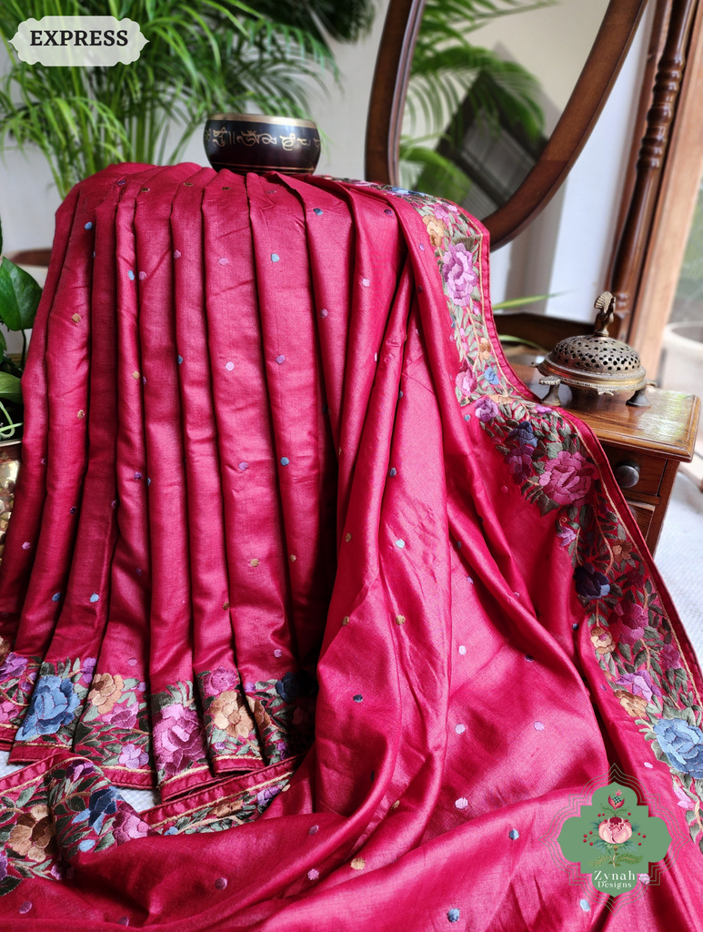 Zynah Made To Order Red Pure Tussar Silk Hand Embroidered Authentic Parsi Gara Saree; Custom Stitched/Ready-made Blouse, Fall, Petticoat; SKU: 2312202401