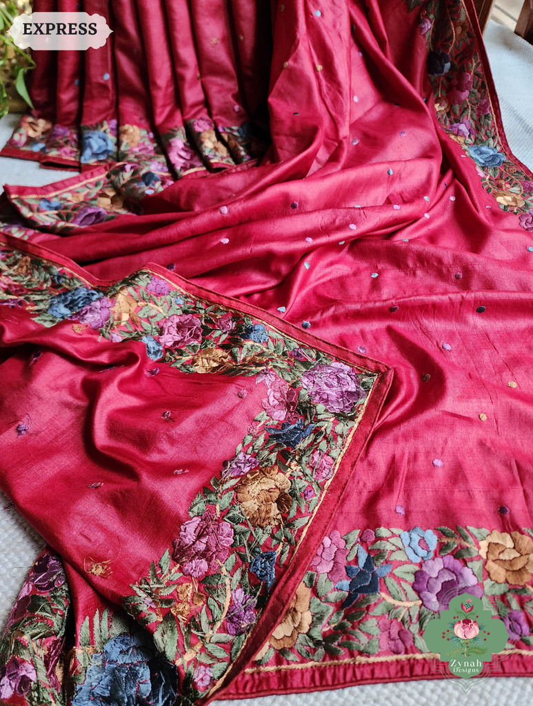 Zynah Made To Order Red Pure Tussar Silk Hand Embroidered Authentic Parsi Gara Saree; Custom Stitched/Ready-made Blouse, Fall, Petticoat; SKU: 2312202401
