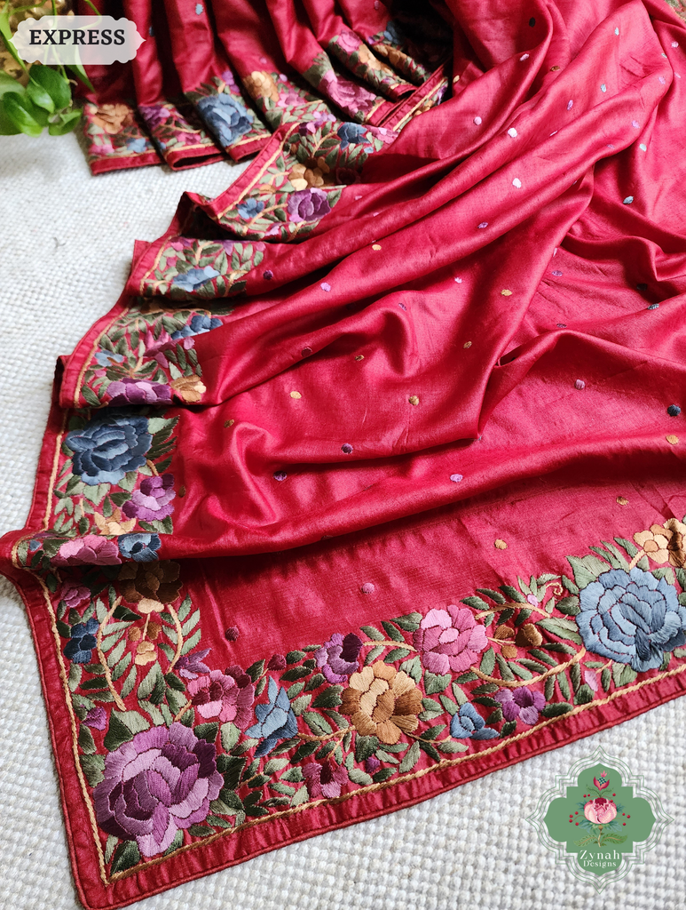 Zynah Made To Order Red Pure Tussar Silk Hand Embroidered Authentic Parsi Gara Saree; Custom Stitched/Ready-made Blouse, Fall, Petticoat; SKU: 2312202401