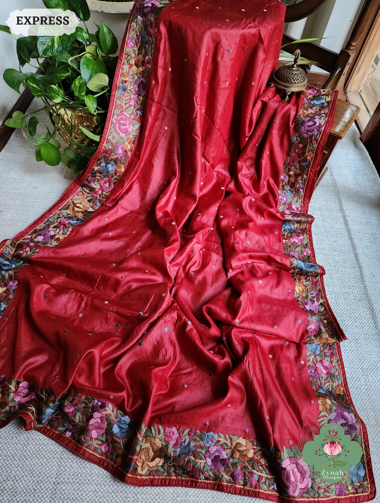 Zynah Made To Order Red Pure Tussar Silk Hand Embroidered Authentic Parsi Gara Saree; Custom Stitched/Ready-made Blouse, Fall, Petticoat; SKU: 2312202401