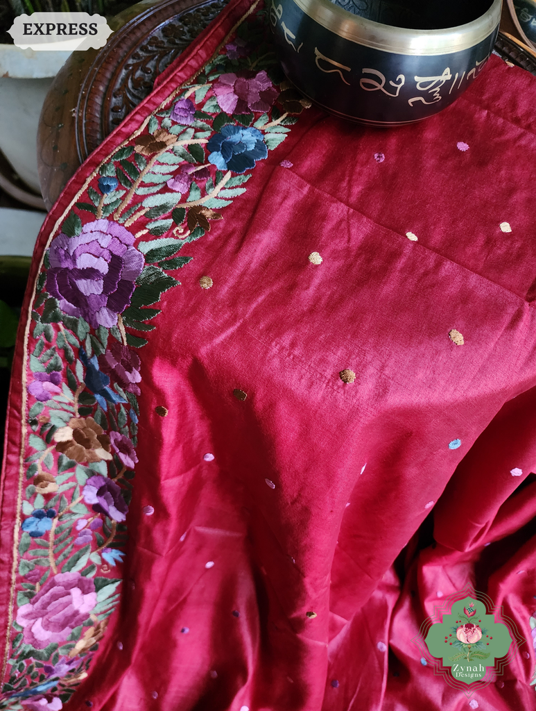 Zynah Made To Order Red Pure Tussar Silk Hand Embroidered Authentic Parsi Gara Saree; Custom Stitched/Ready-made Blouse, Fall, Petticoat; SKU: 2312202401