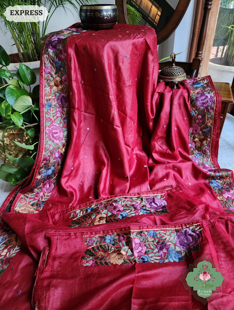 Zynah Made To Order Red Pure Tussar Silk Hand Embroidered Authentic Parsi Gara Saree; Custom Stitched/Ready-made Blouse, Fall, Petticoat; SKU: 2312202401