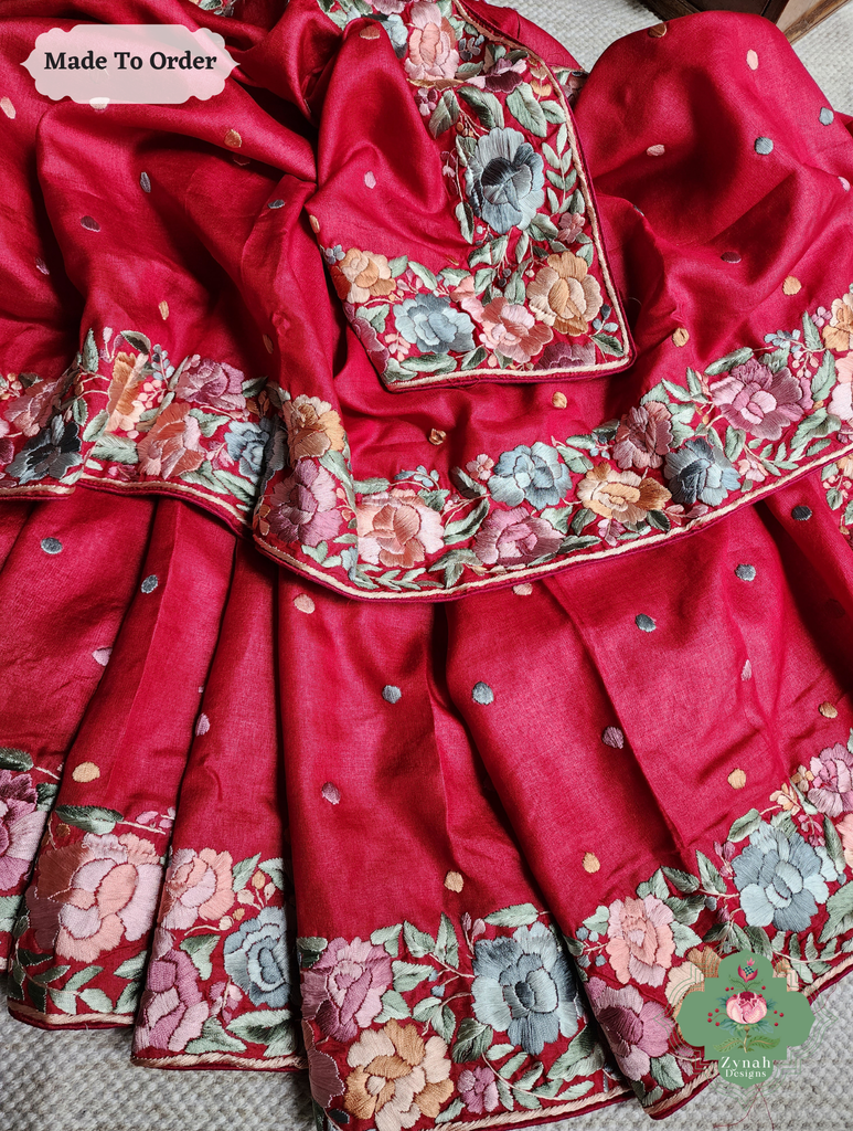 Zynah Made To Order Red Pure Tussar Silk Hand Embroidered (Pastel) Authentic Parsi Gara Saree; Custom Stitched/Ready-made Blouse, Fall, Petticoat; SKU: 2312202406
