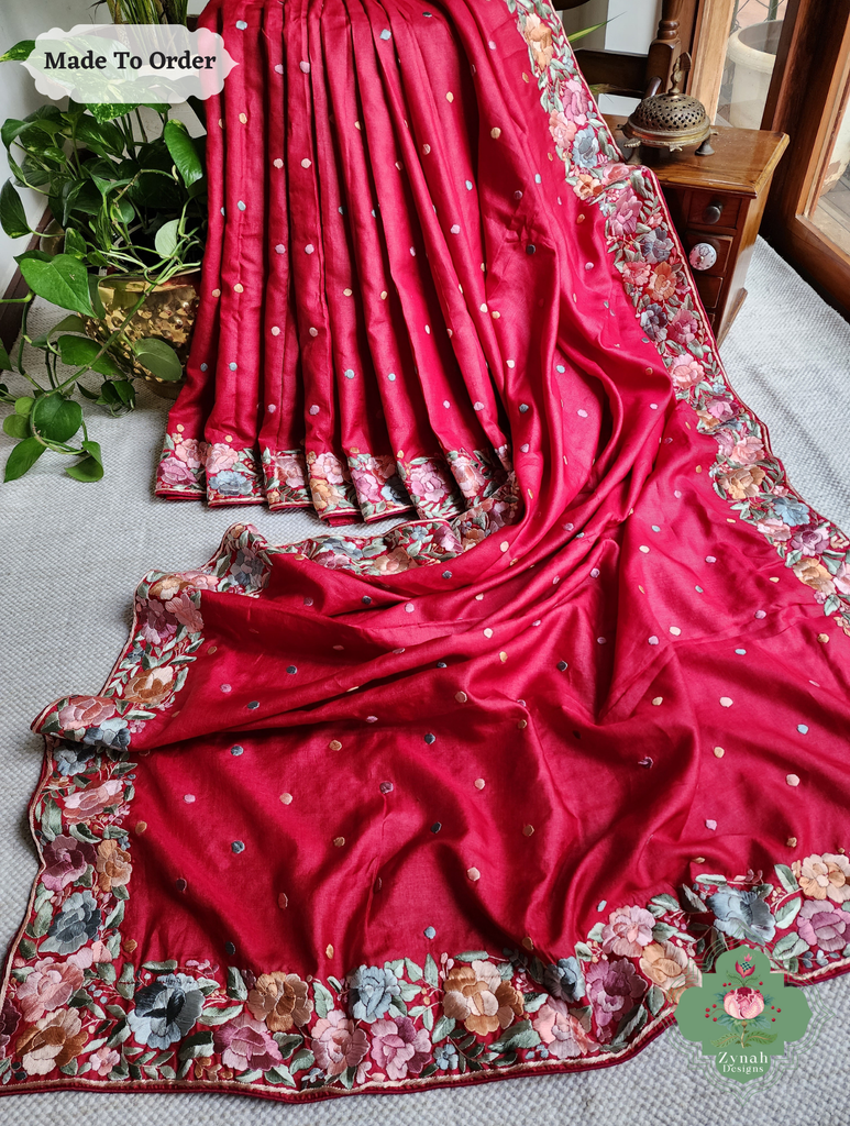 Zynah Made To Order Red Pure Tussar Silk Hand Embroidered (Pastel) Authentic Parsi Gara Saree; Custom Stitched/Ready-made Blouse, Fall, Petticoat; SKU: 2312202406